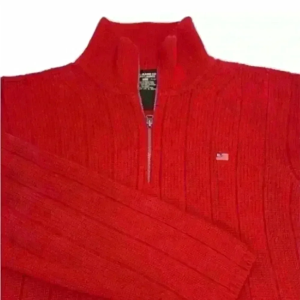Men’s Vintage Polo Ralph Lauren Red Half Zip Mock Neck Flag Logo Sweater- Medium